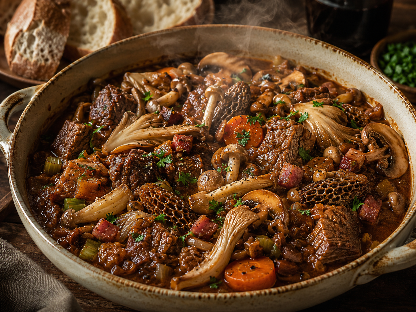 Steaming bowl of beef and mixed mushroom stew with visible morels, oyster mushrooms, pioppino, beef chunks, pancetta, carrots, and parsley, with crusty bread on the side