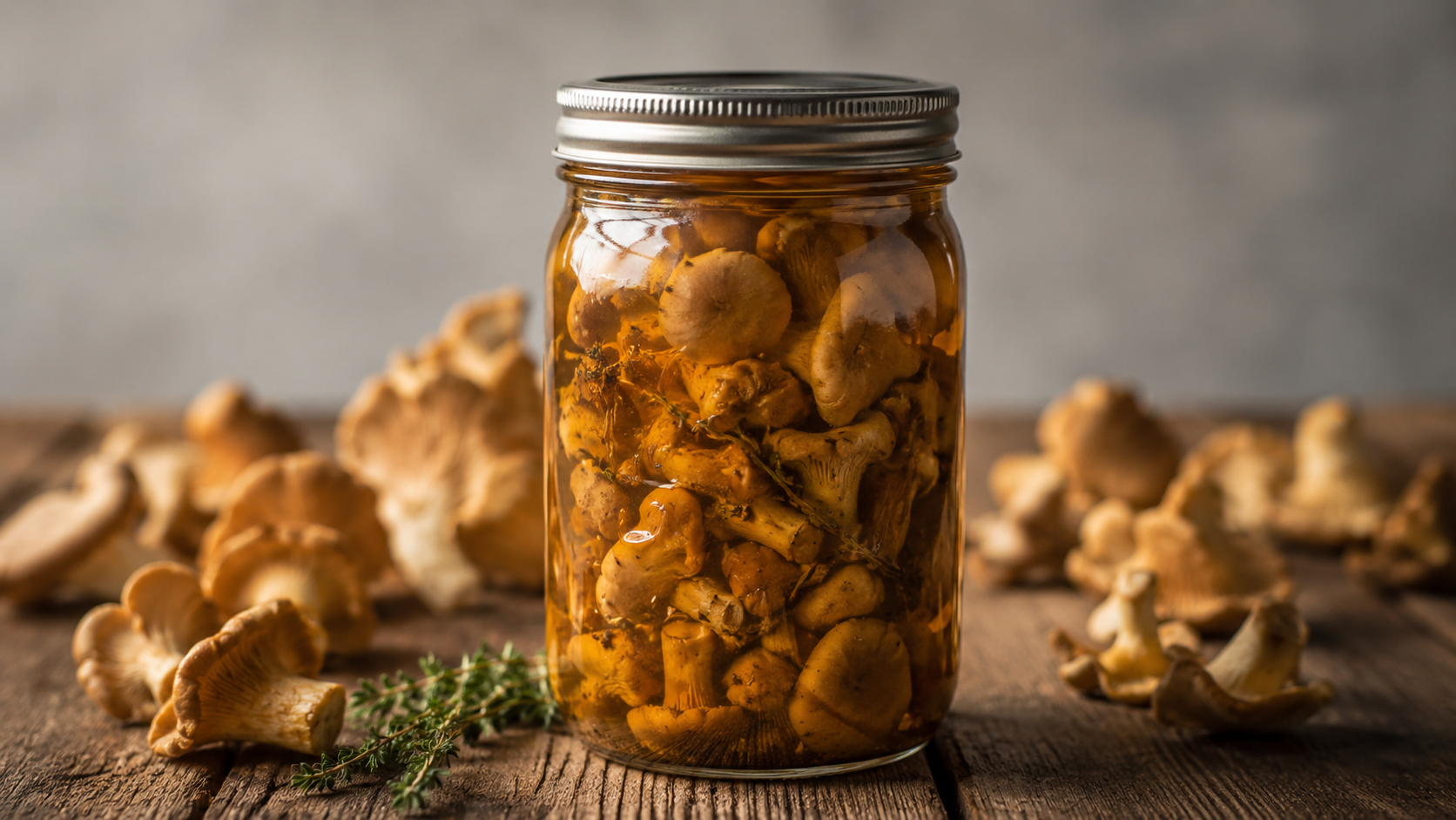 Sealed wide-mouth mason jar packed with golden chanterelle mushrooms in brine with thyme, surrounded by fresh chanterelles on a wooden surface