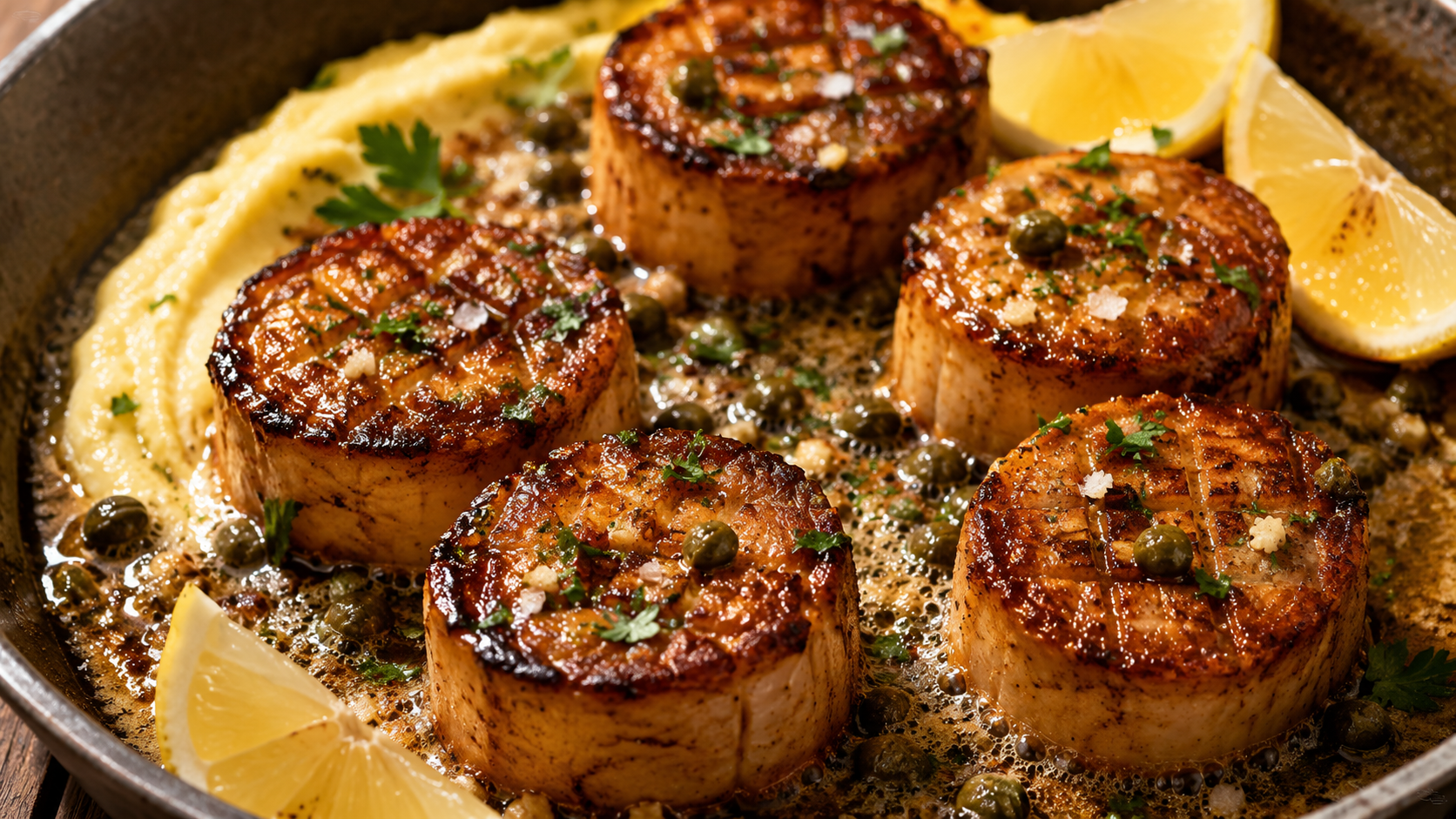 Five crosshatch-scored king oyster mushroom scallops in a pan of foaming brown butter with capers, parsley, lemon wedges, and a smear of polenta