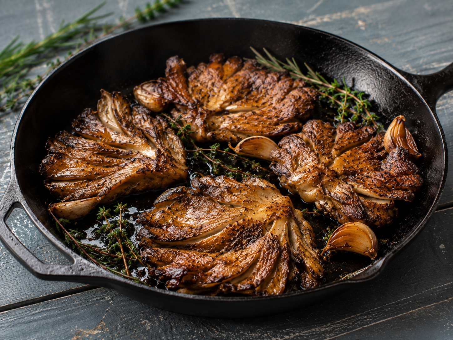 Pressed oyster mushroom steaks browning in a cast iron skillet with smashed garlic, thyme, and rosemary