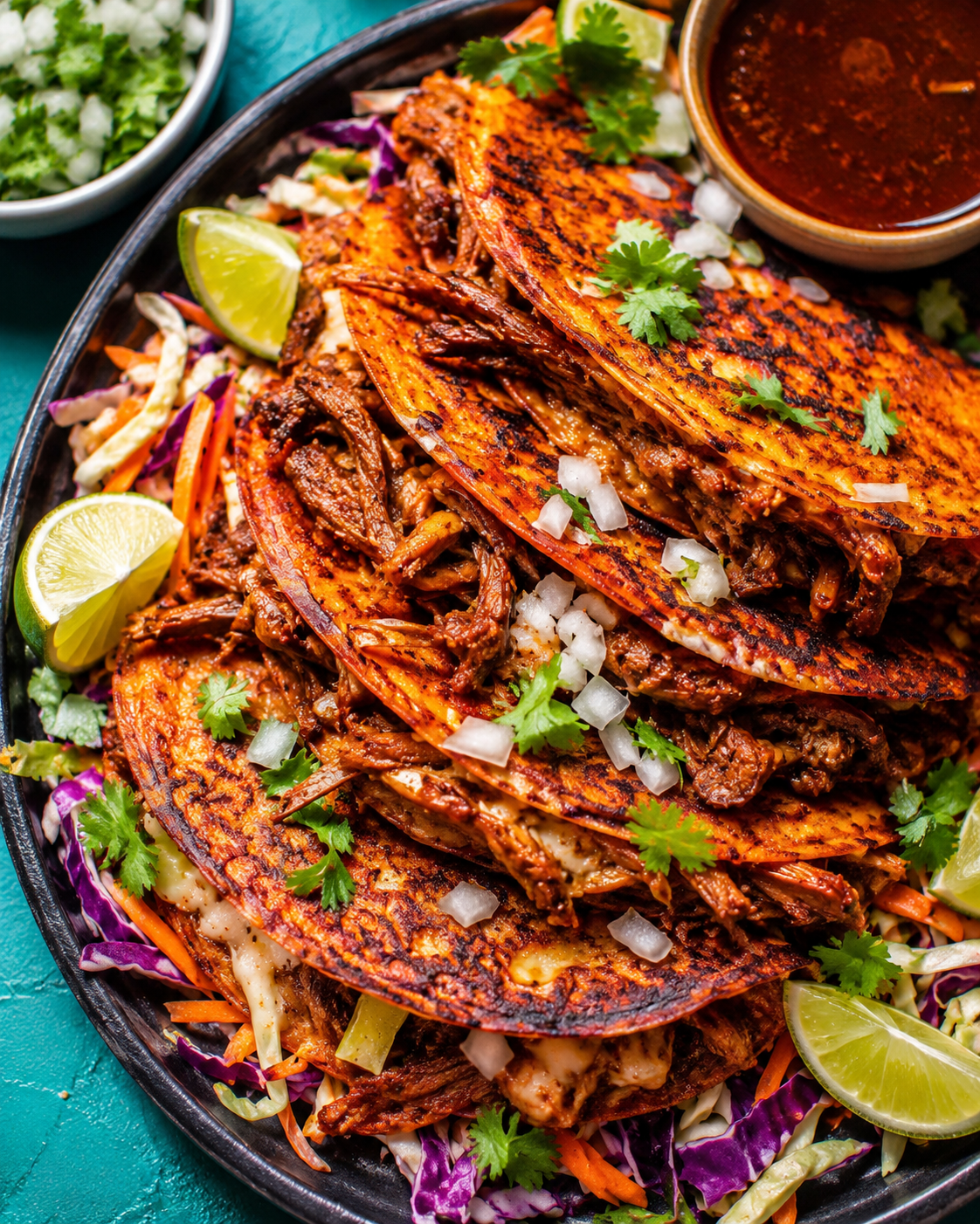 Stacked oyster mushroom birria tacos with lacquered orange shells, melted cheese, diced onion, cilantro, lime wedges, and a bowl of consommé for dipping